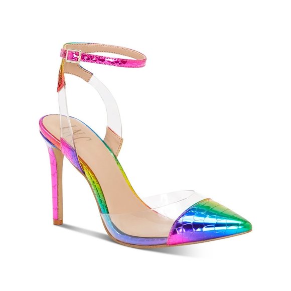INC Stiletto Pumps Womens 6.5 Kaija Purple Rainbow Snake Ankle Strap - Picture 1 of 9